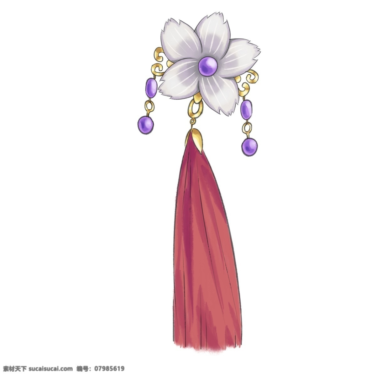 红色 发簪 吊饰 插画 红色的发簪 紫色的株百 红色的挂饰 白色的鲜花 中国风发簪 复古发簪 手绘发簪