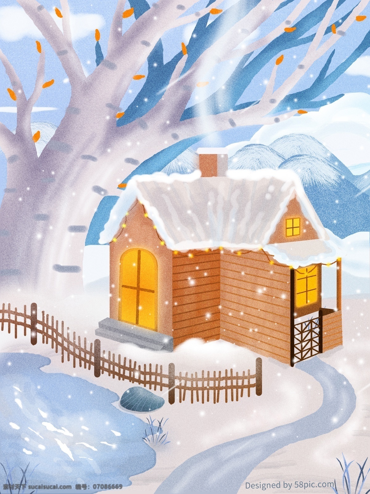原创 冬季 房前 下雪 唯美 风景 肌理 插画 雪景 蓝色 房屋 河 树