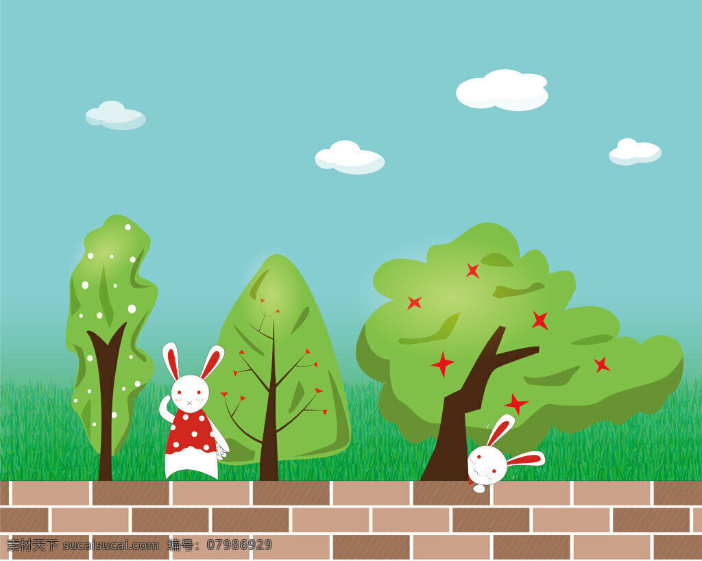 围墙 上 小 兔子 插画 ai矢量文件 卡通动物 风景插画 穿 红衣 服 白兔 捉迷藏 大树 绿草地 蓝天白云 砖围墙