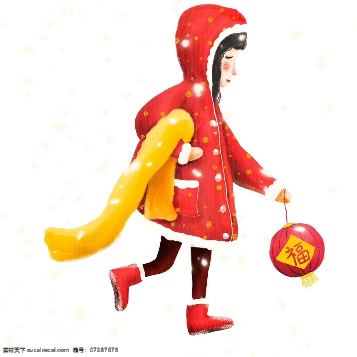 猪年 大雪 中 穿 红衣 提 灯笼 女孩 春节 喜庆 红色 插画 卡通 过年 psd设计