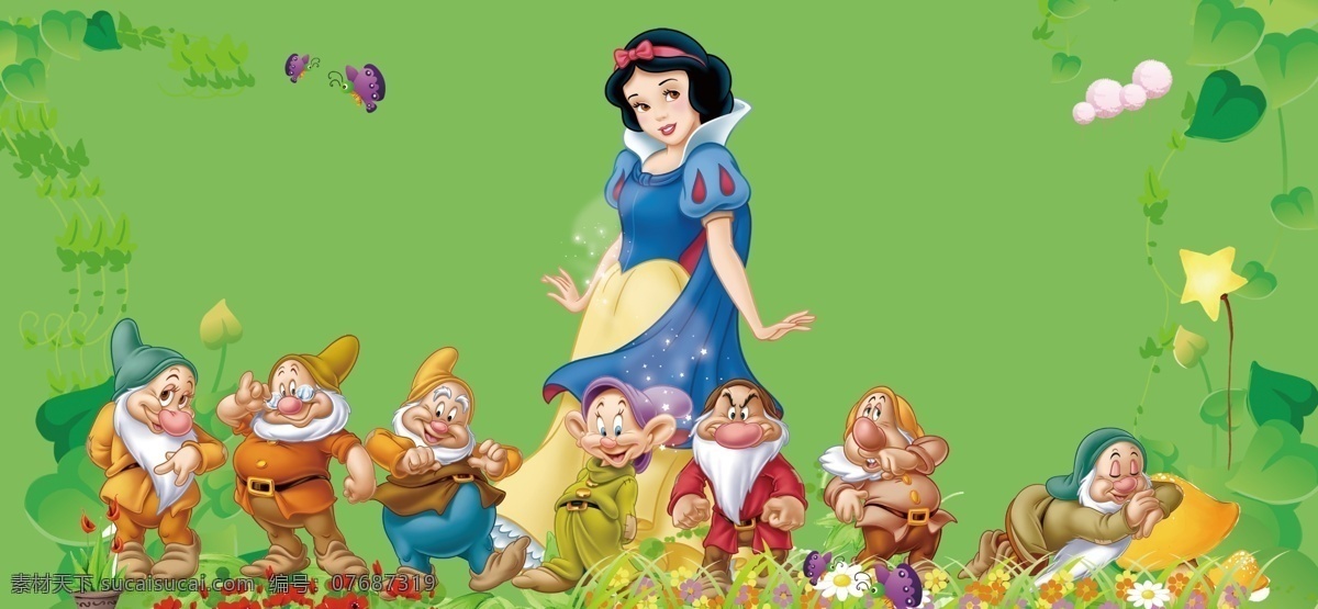 白雪公主海报 白雪公主 七个小矮人 花朵元素 花草 荷花 动漫动画 动漫人物