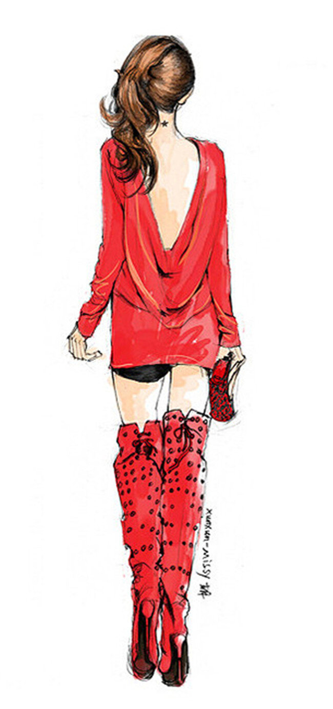 红色 露 背 女装 设计图 服装设计 时尚女装 职业女装 职业装 女装设计 效果图 短裙 衬衫 服装 服装效果图 连衣裙