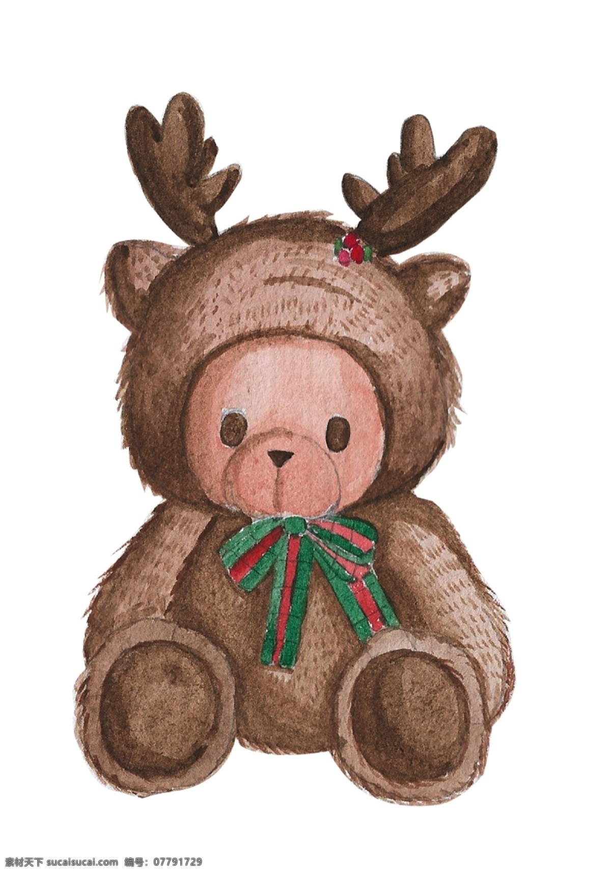 手绘 圣诞节 麋鹿 泰迪 熊 可爱 水彩 有趣 cos 泰迪熊 卡通 q版本 蝴蝶结 海报 手账