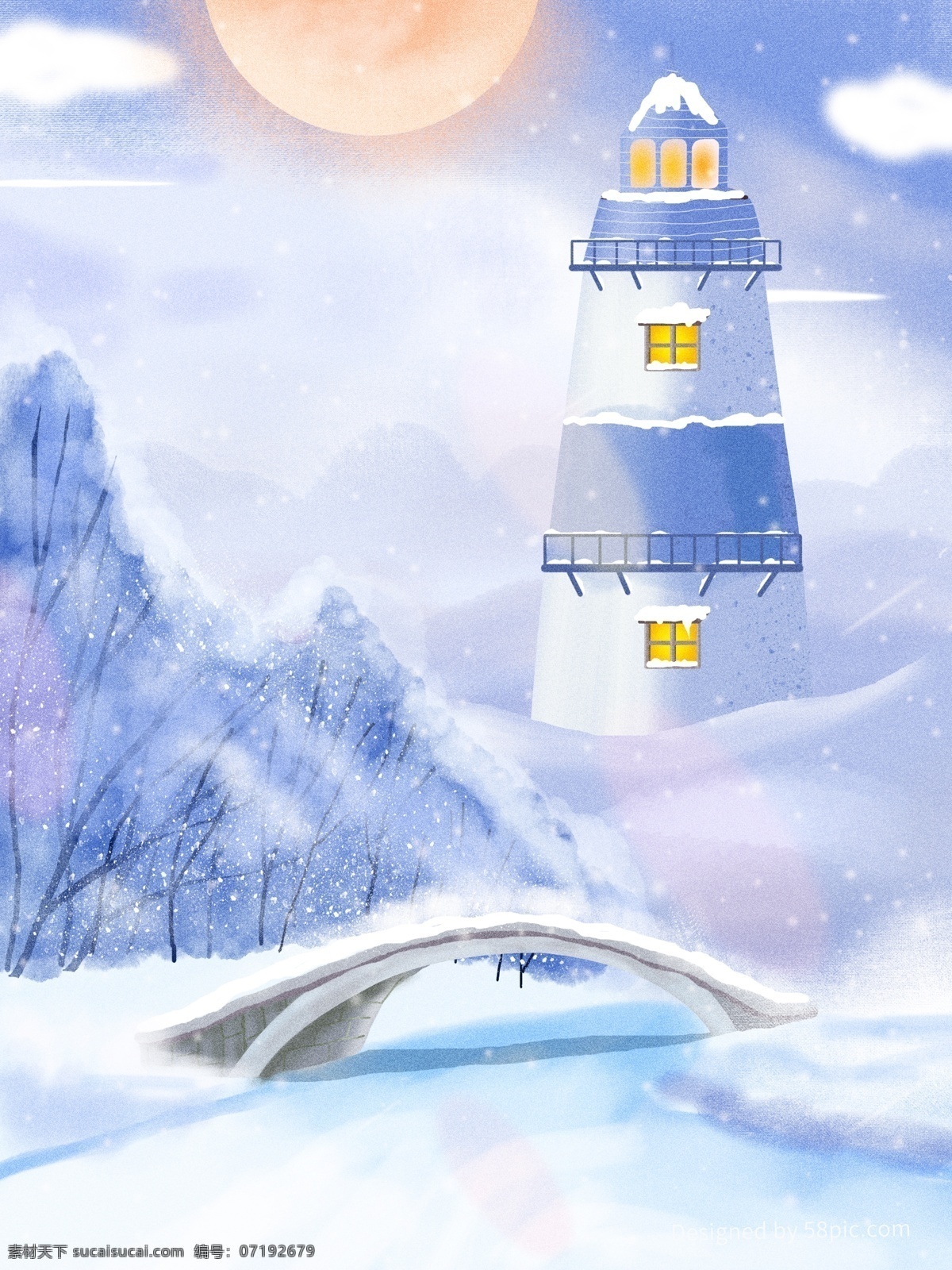 原创 冬季 风景 远方 山峰 下雪 插画 建筑 太阳 云彩 雪景 山 树 桥 河
