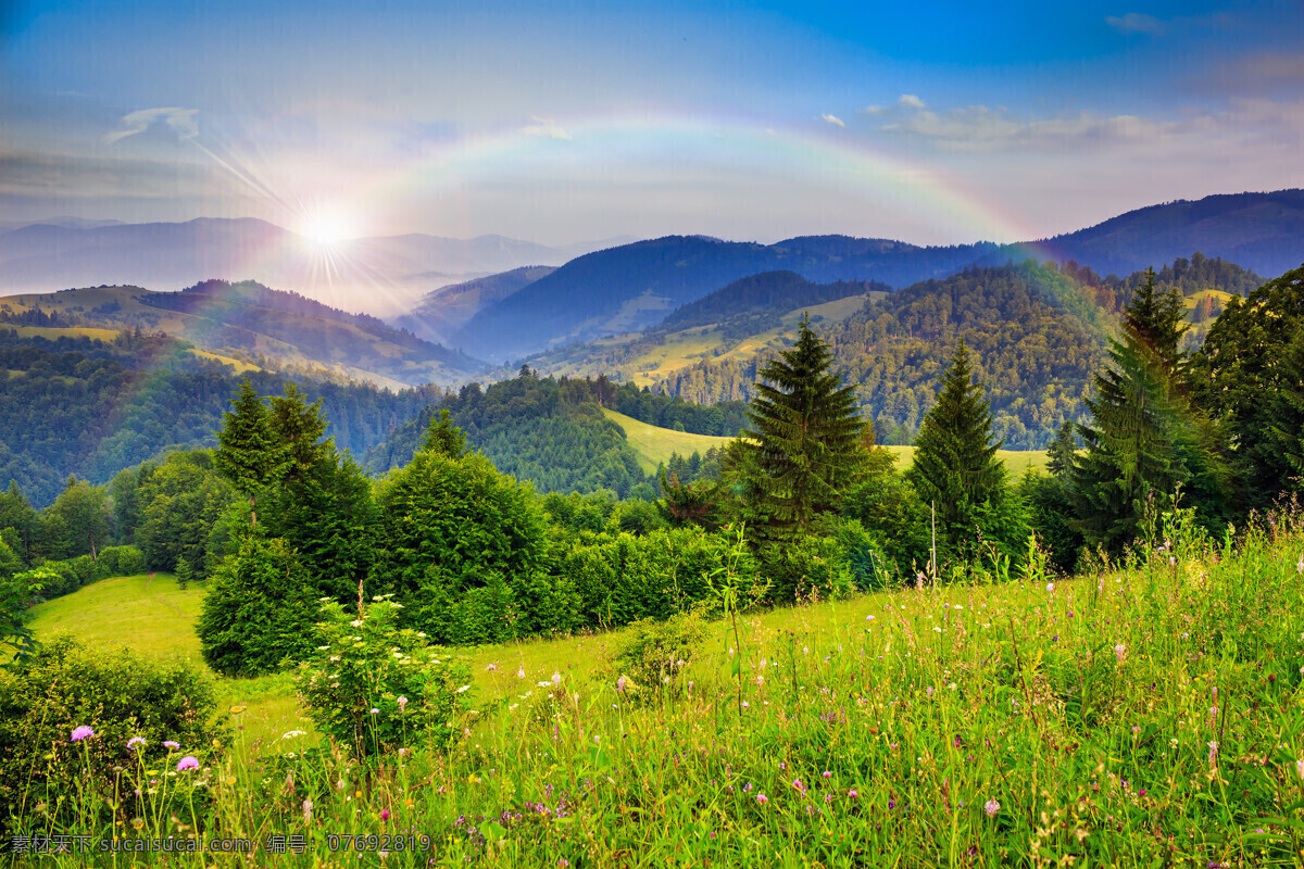 美丽大自然 山峦 森林 树木 大自然美景 阳光 彩虹 绿色大自然 自然风景 自然景观