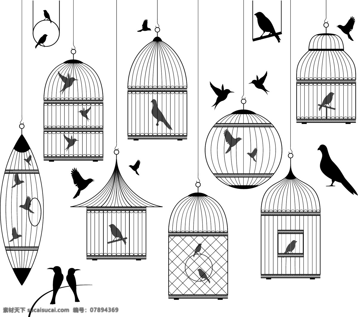 黑白 鸟笼 鸟 矢量 矢量素材 设计素材 自由