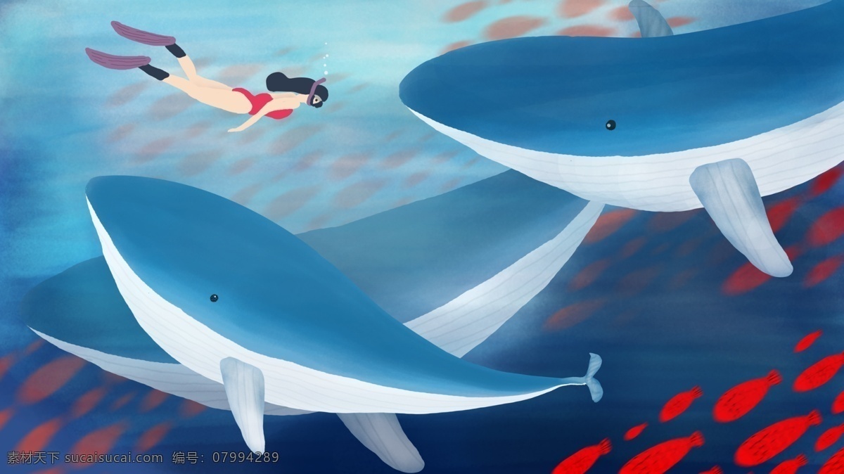 原创 深海 鲸鱼 鱼群 遨游 海洋 治愈 手绘 潜水 遇见
