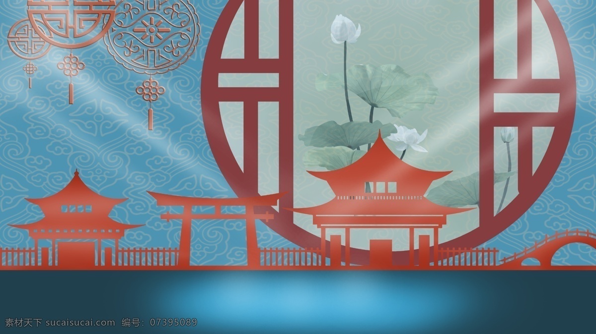 剪纸 建筑 荷花 卡通 背景 红色 中式 窗户 花格 楼台 风格