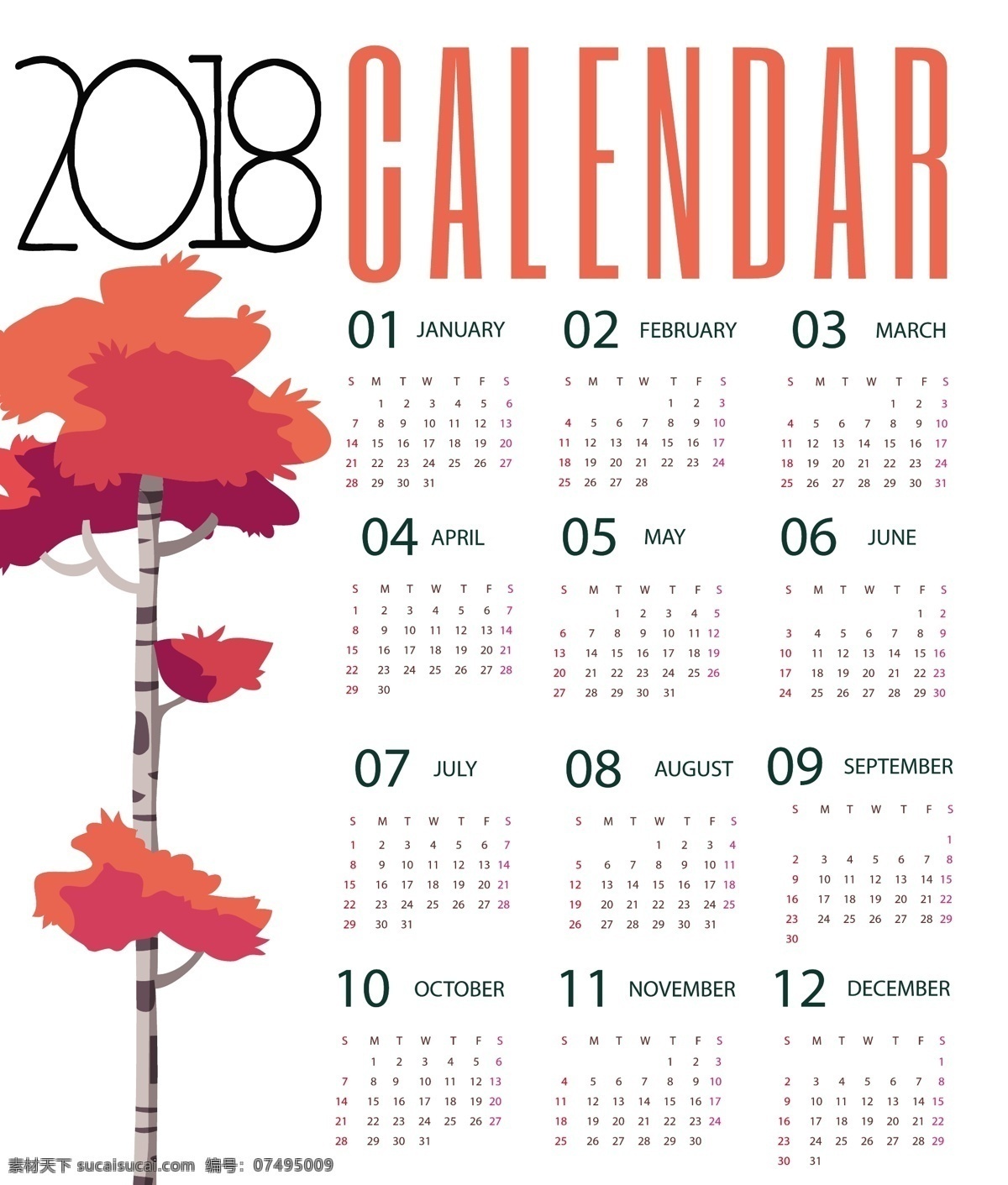 红色 树木 2018 新年 台历 矢量 日历 红色树 矢量素材 新年年历