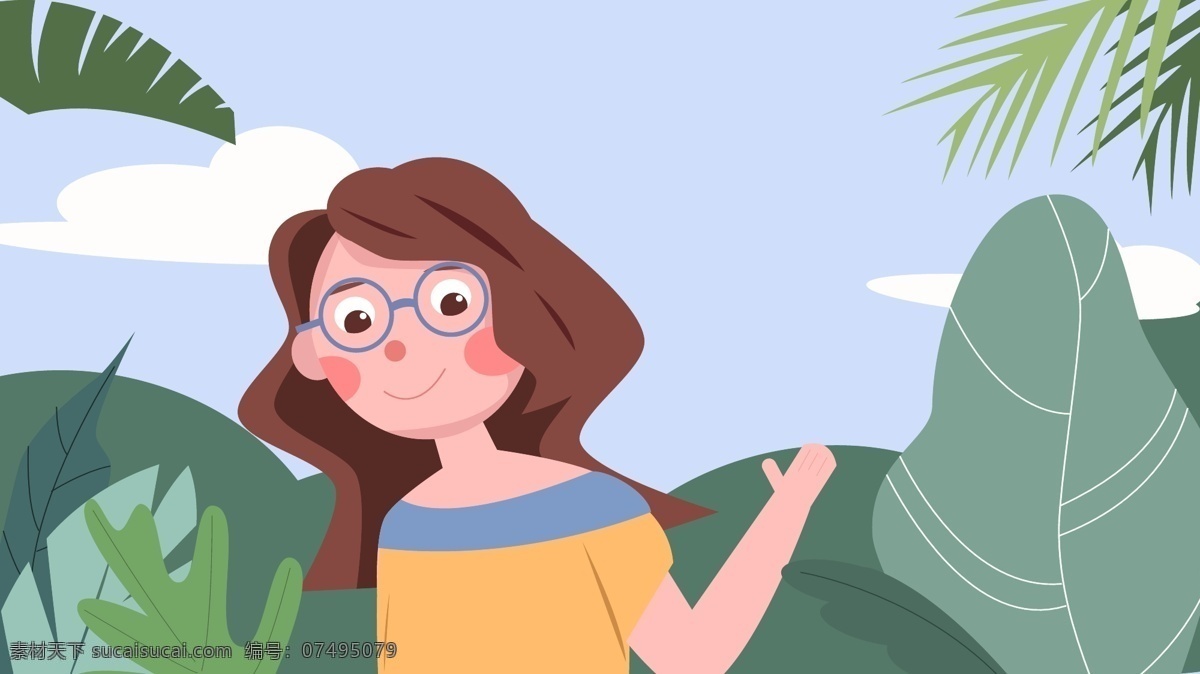 八月 你好 清新 可爱 女孩 森林 插画