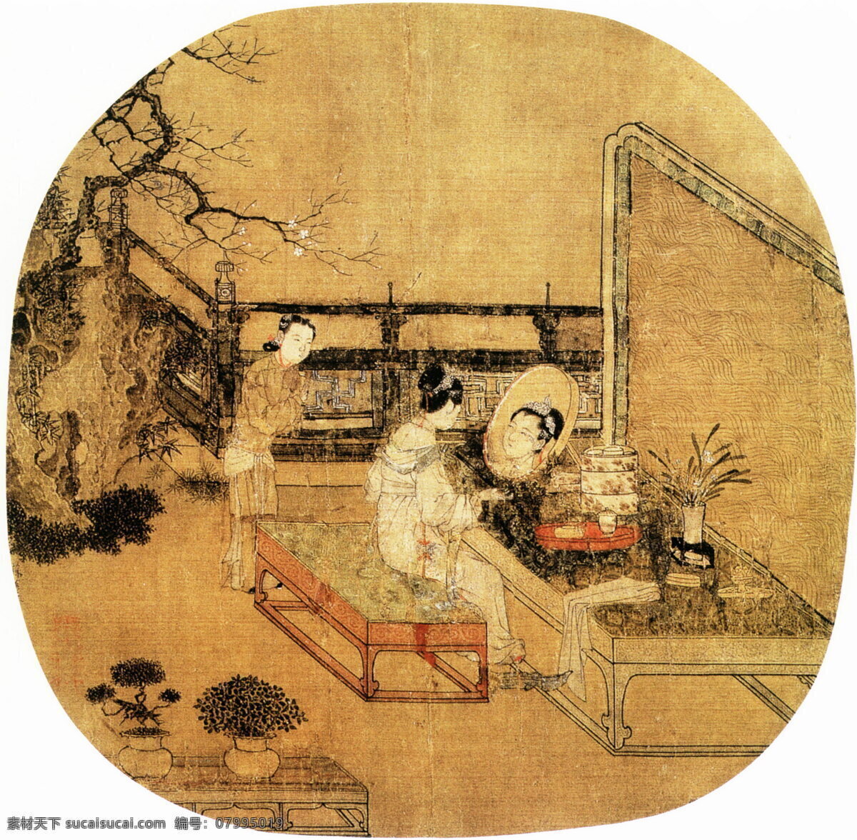 化妆免费下载 化妆 假山 镜子 人物 树木 中国画 装饰素材 室内装饰用图