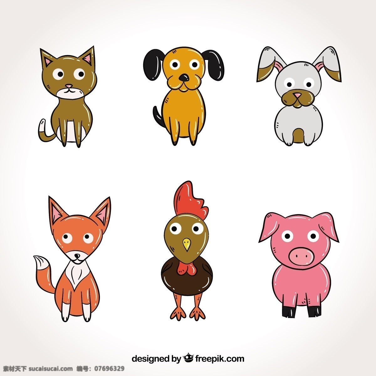 大 眼睛 手绘 动物 手 狗 自然 卡通 猫 可爱 快乐 五颜六色 绘画 兔子 猪 公鸡 狐狸 有趣 可爱的动物