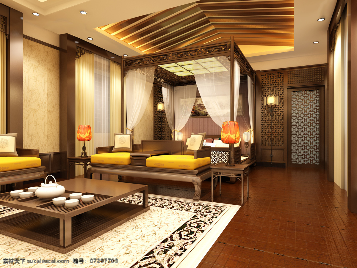 中式客厅 中式 古典 茶壶 桌椅 室内设计 环境设计 棕色
