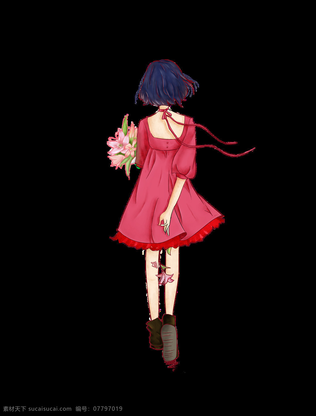 手绘 时尚 女孩 装饰 红色 花朵 背影 精致 短发