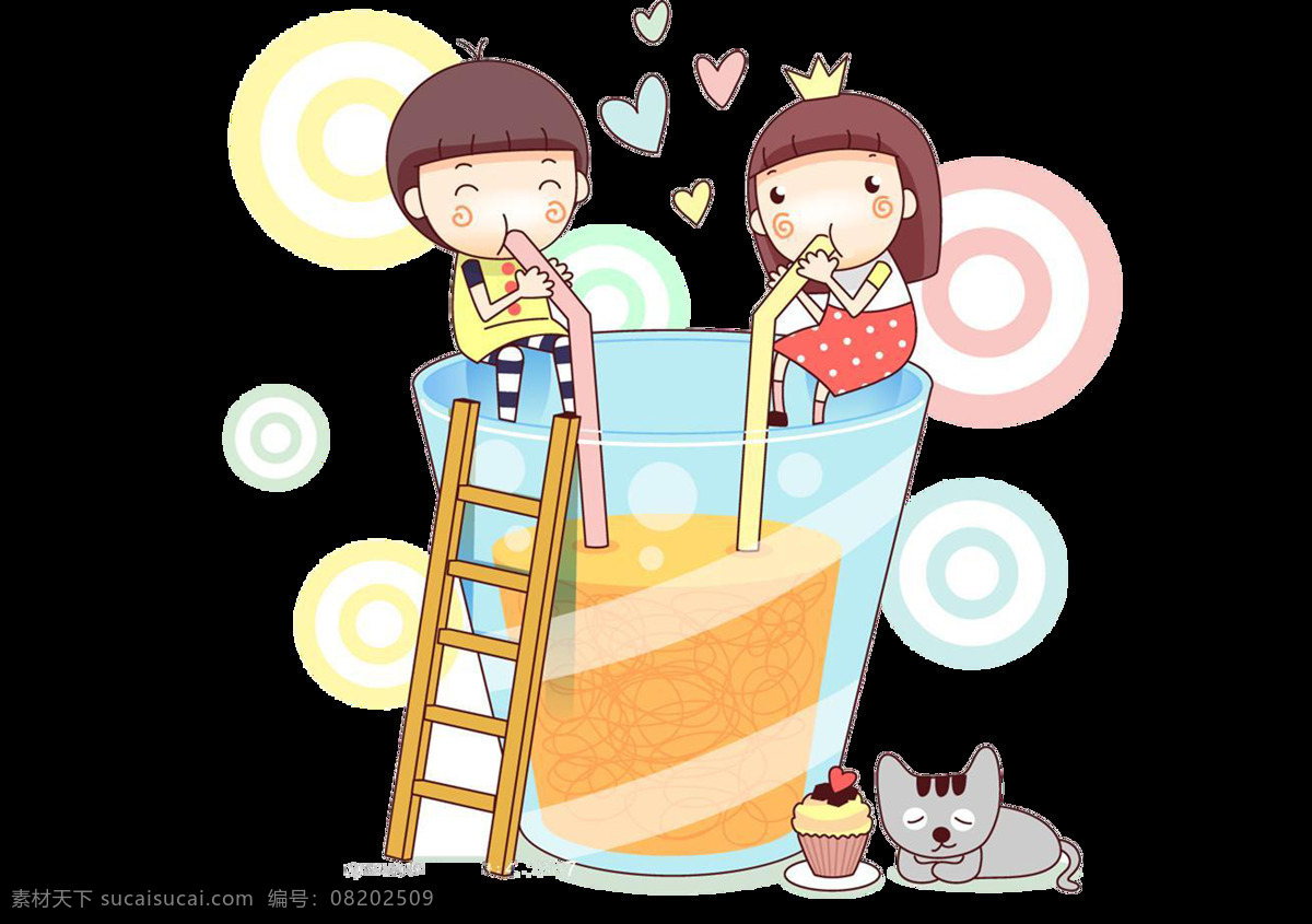 手绘 儿童 果汁 元素 卡通 可爱 心形 夏日 梯子 png元素 免抠元素 透明元素