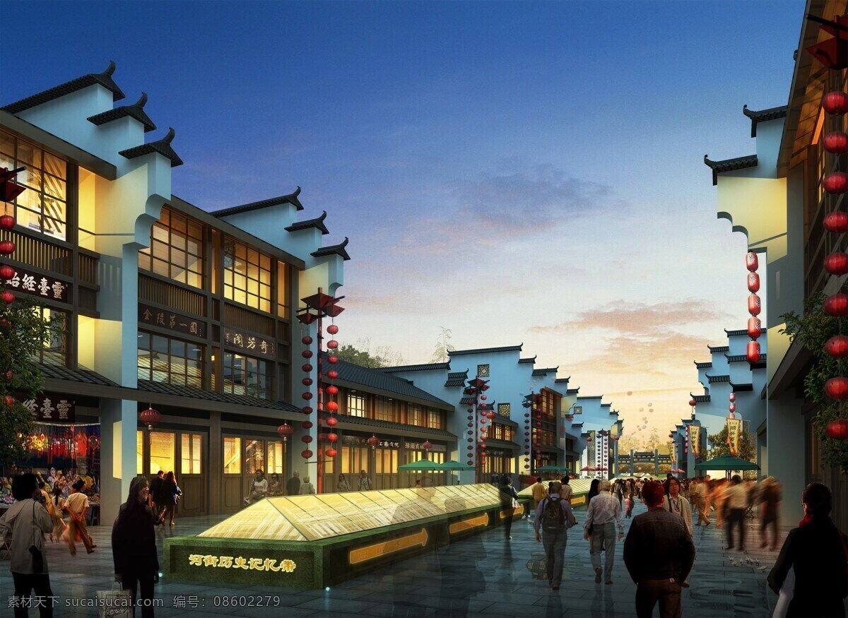 仿古商业街 夜景 美丽 游憩 购物 休闲 度假 特色 风景 环境设计 效果图