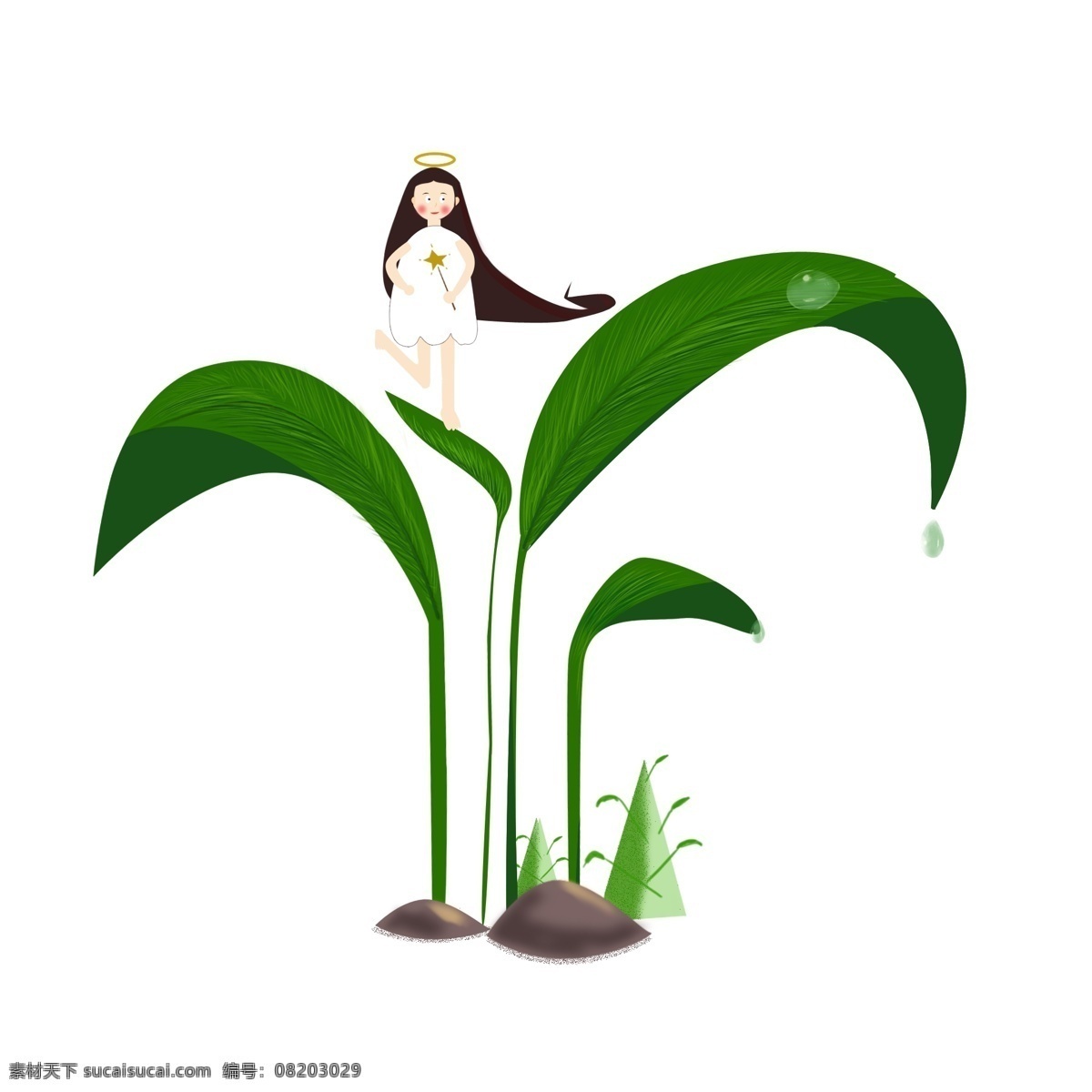 原创 小 天使 植物 绿色 手绘 童话 元素 水滴 梦幻 可爱 小清新 小天使 插画风