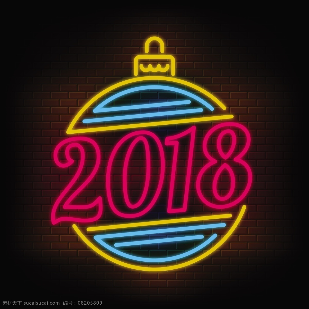 2018 圣诞球 装饰 霓虹灯 文字 霓虹灯文字 矢量文字 新年 新年文字 雪花