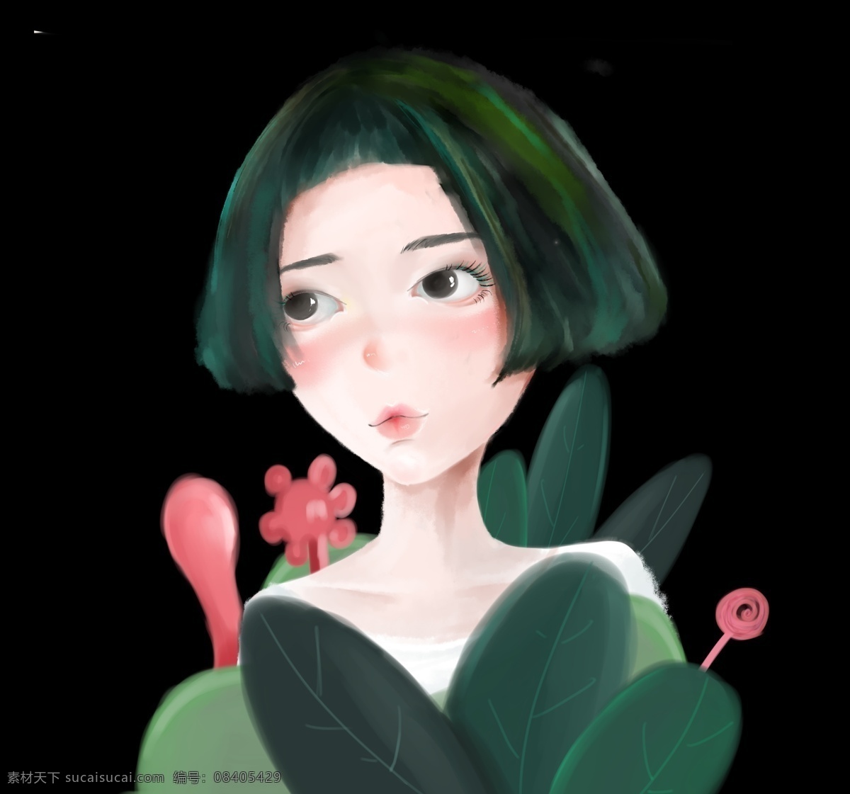 卡通 手绘 文艺 小 清新 女生 植物 短发 鲜花 水彩 微噪点 小清新 安静 水墨 工笔画 女性形象 绿色