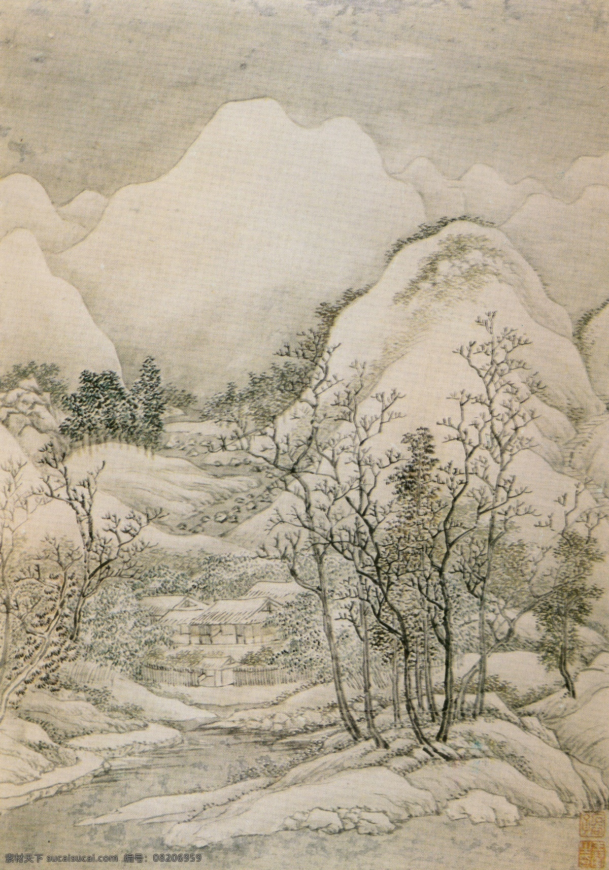 山水画 古画 风景画高山 山峰 山顶 农舍 小溪 小道 农家 高山 风景 绘画书法 文化艺术