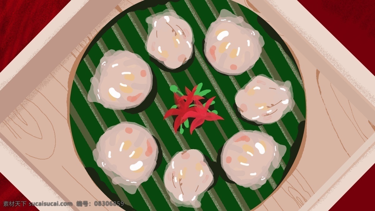 广州 美食 虾 饺 插画 壁纸 荷叶 装饰 虾饺 蒸笼 矢量插画 手机配图 红布