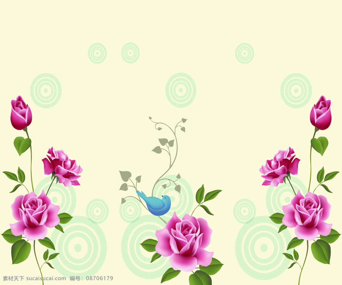 欧式 花纹 移门 花鸟 　 小鸟 圆环 蓝色 圆圈 玫瑰 花苞 花蕾 粉色 背景 图案 三 扇 装饰素材