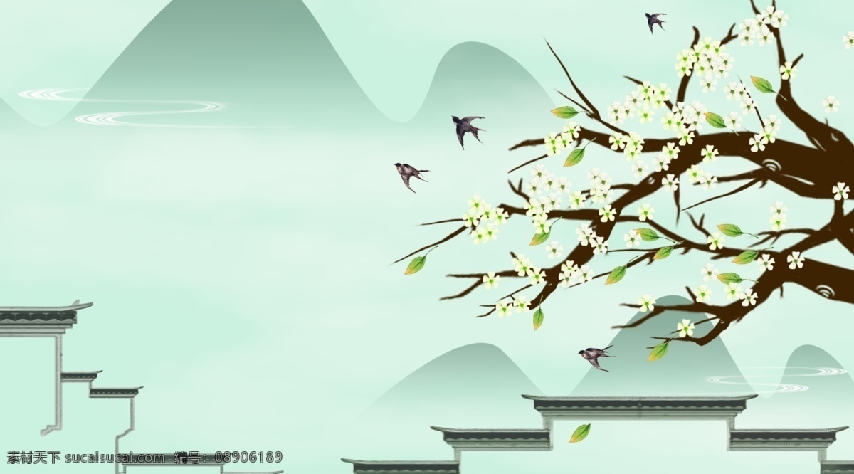 春分 唯美 手绘 插画 背景 广告背景 背景素材 背景展板 彩色背景 春分背景 花枝背景 绿色背景