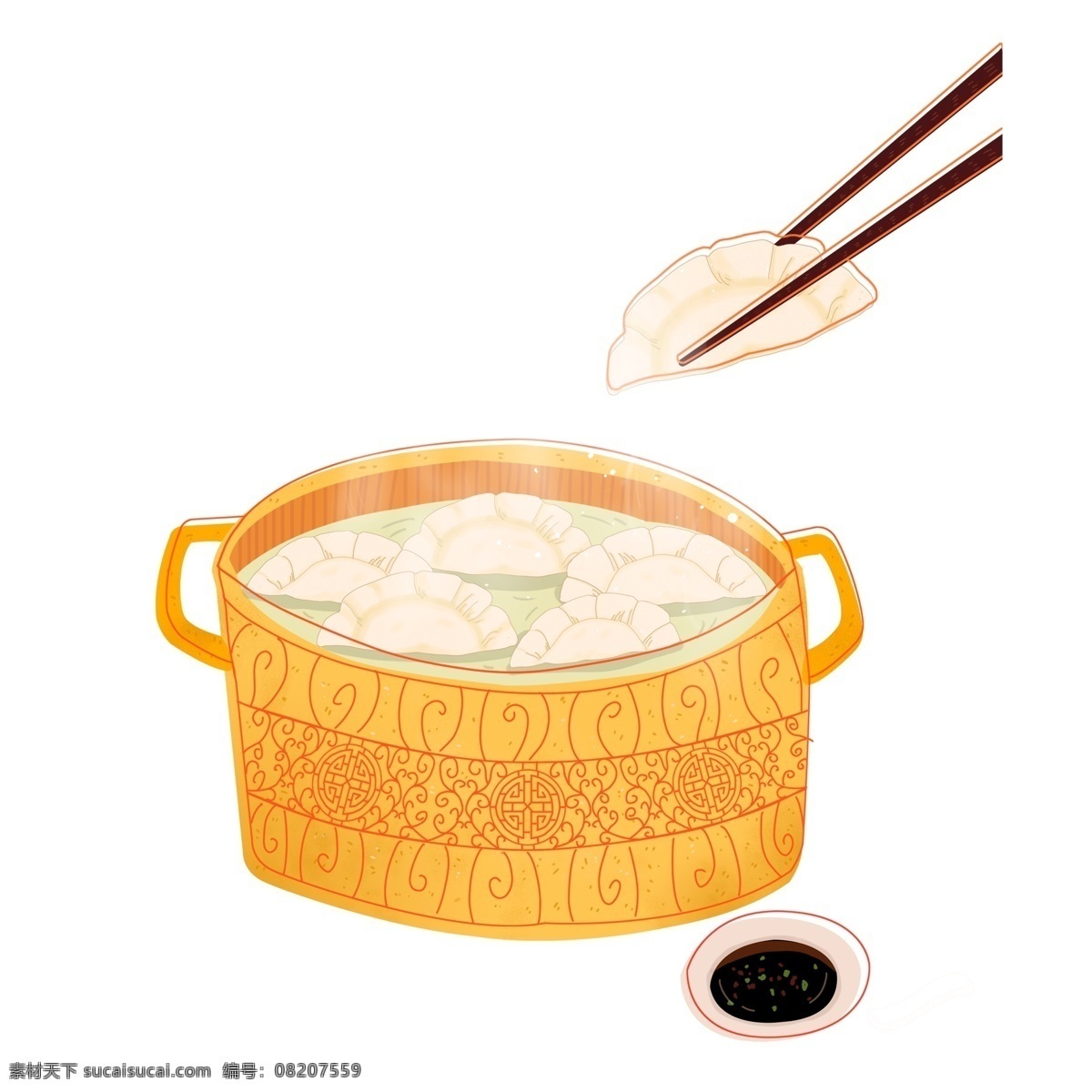 手绘 立冬 锅 饺子 插画 元素 清新 美食 食物 筷子 美味 节气 碟子 陈醋