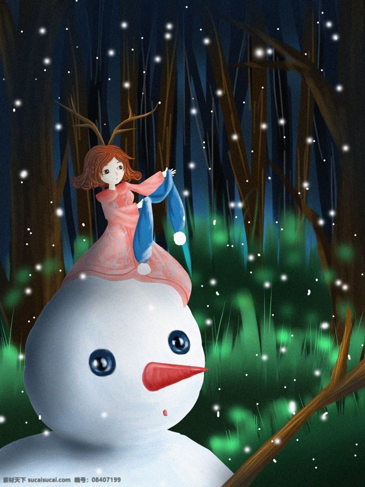 女孩 雪人 迎接 冬季 治愈 儿童 插画