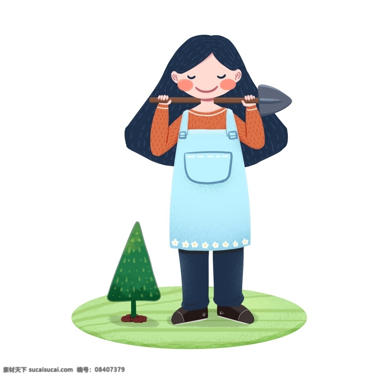 植树节 种树 微笑 女孩 铁锹 劳动 元素 环保 绿色 树