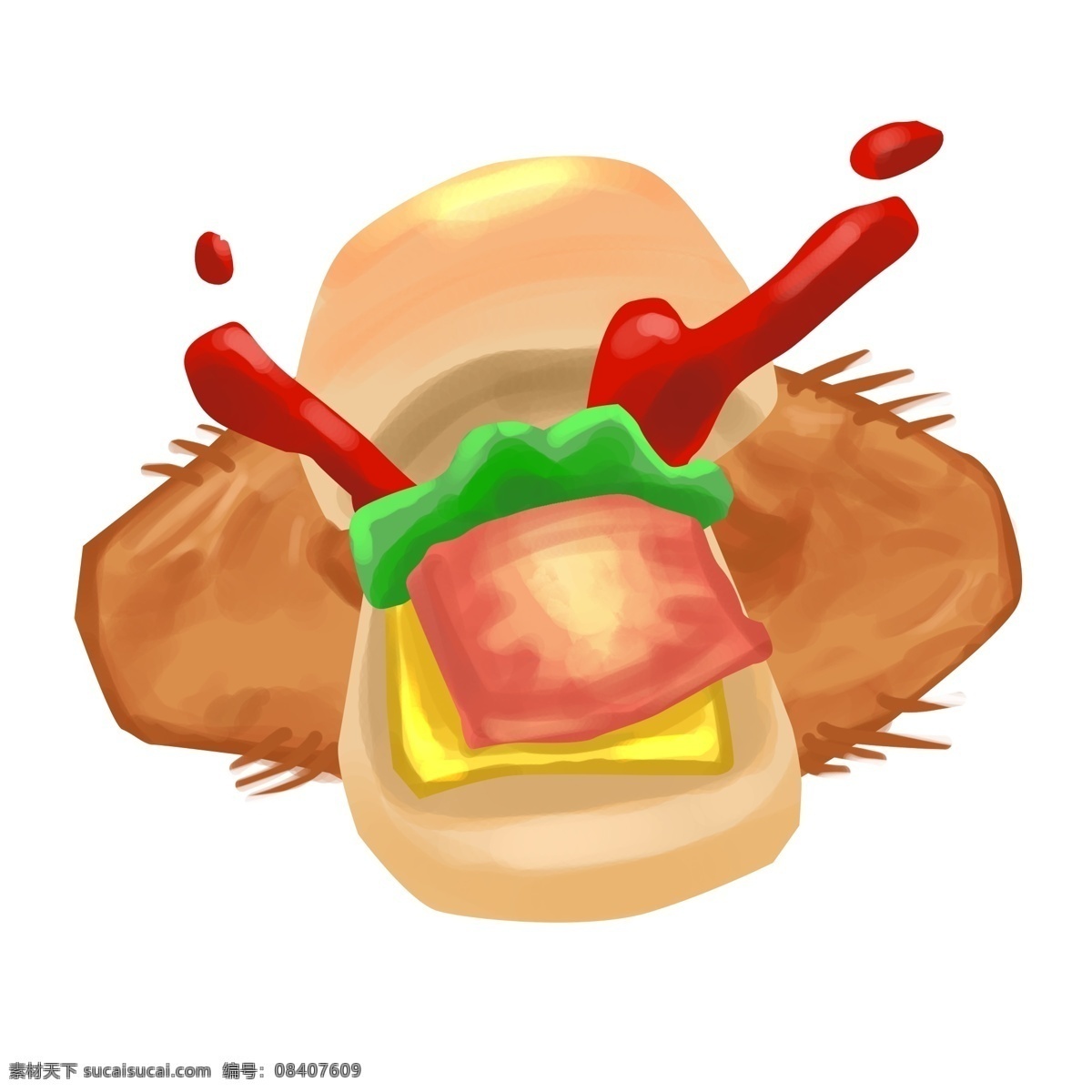 锁 喉 手势 卡通 插画 汉堡插画 食物 快餐 卡通食物插画 红色的番茄酱 美味的汉堡 食物插画 汉堡包