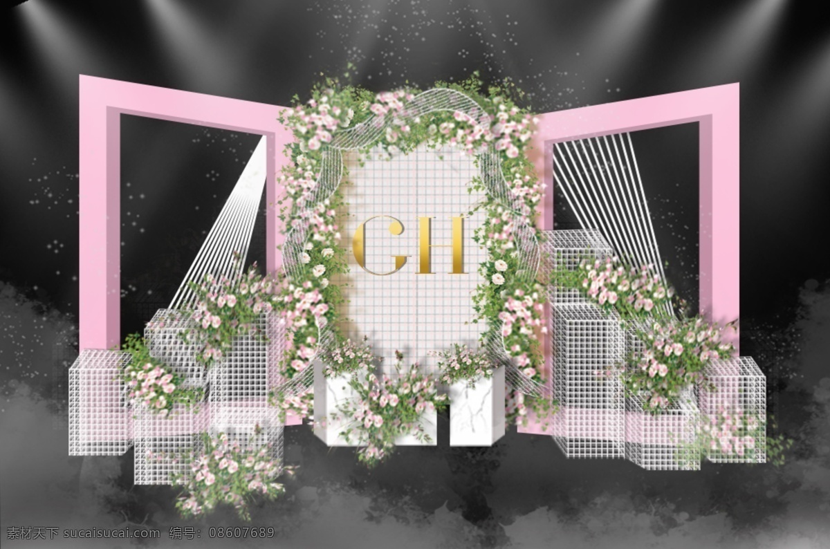 粉色 婚礼 迎宾 区 效果图 框 线 网格 迎宾区