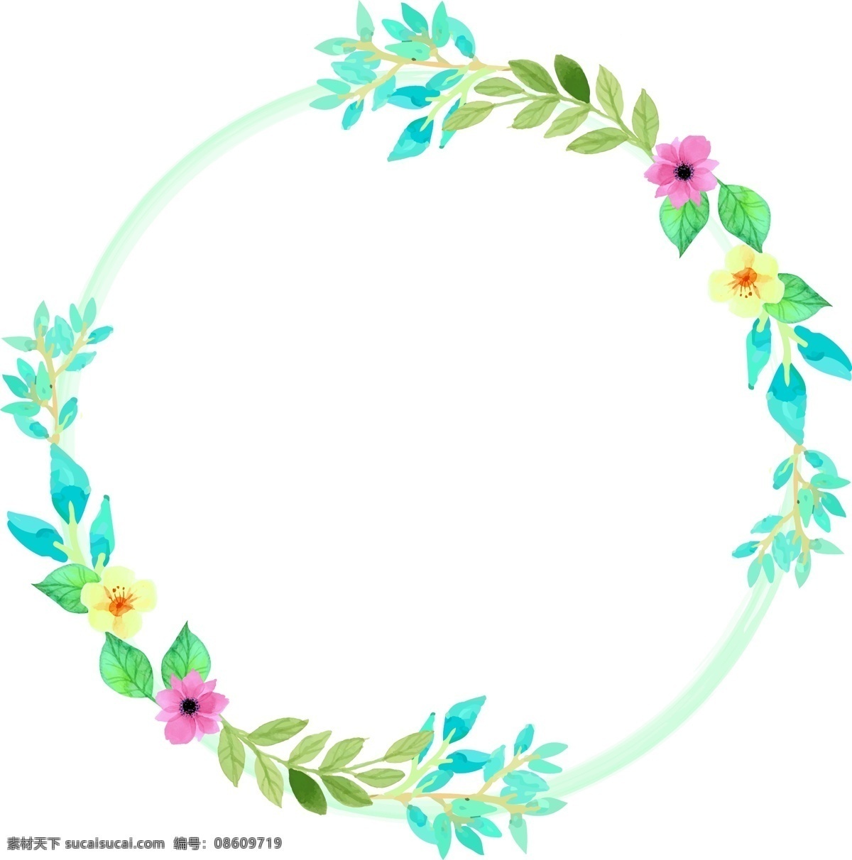 矢量 手绘 花环 花边 粉色 花朵 绿色 树叶 树枝 花草 梅花 桃花 鲜花 花束 蓝色的花 黄色