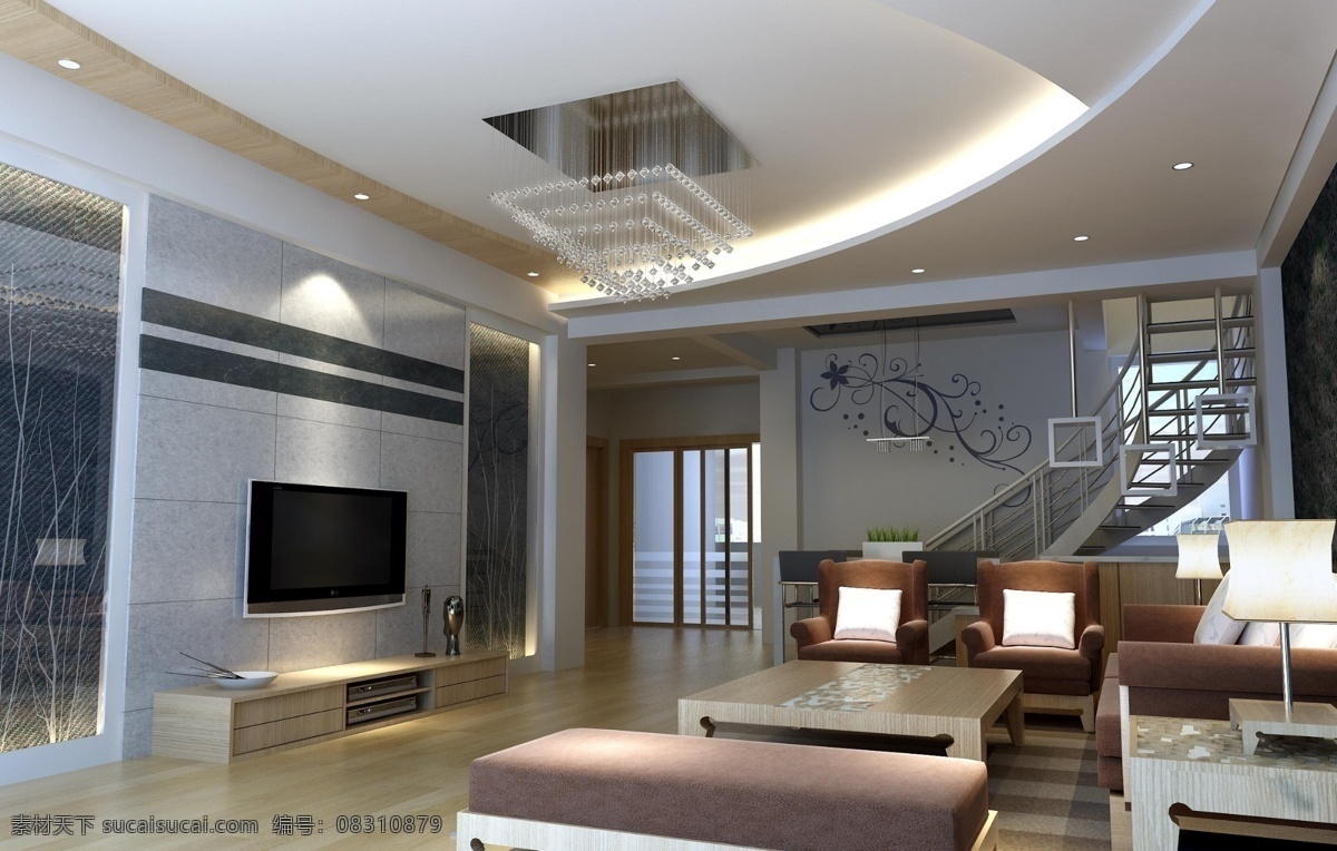 客厅 效果图 3d设计 bmp 电视 环境设计 楼梯 明亮 沙发 简约式 室内设计 装饰素材