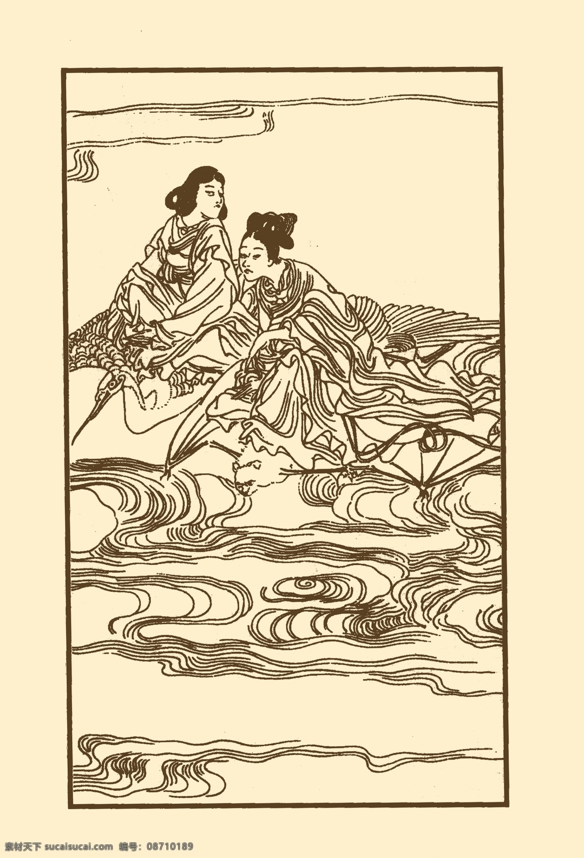群仙祝寿图 局部 传统人物 人物 白描 线描 中国画 人物画 古典 历史人物 侍女 仙女 仙鹤 人物线描 分层 源文件