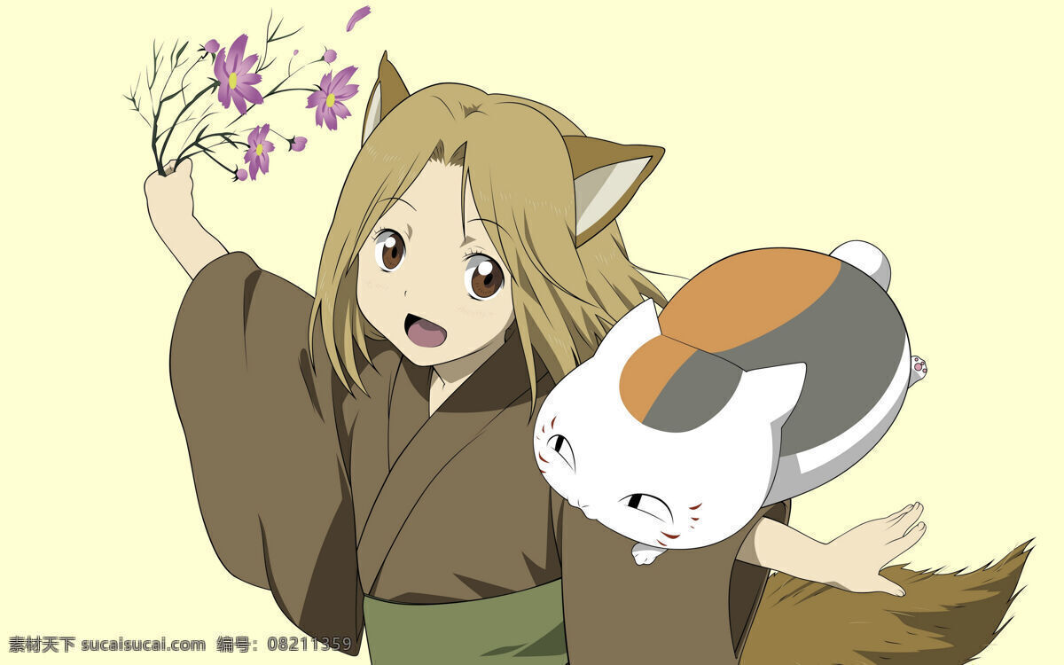 夏目 友人 帐 和服 花朵 猫咪老师 卡通 动漫 可爱