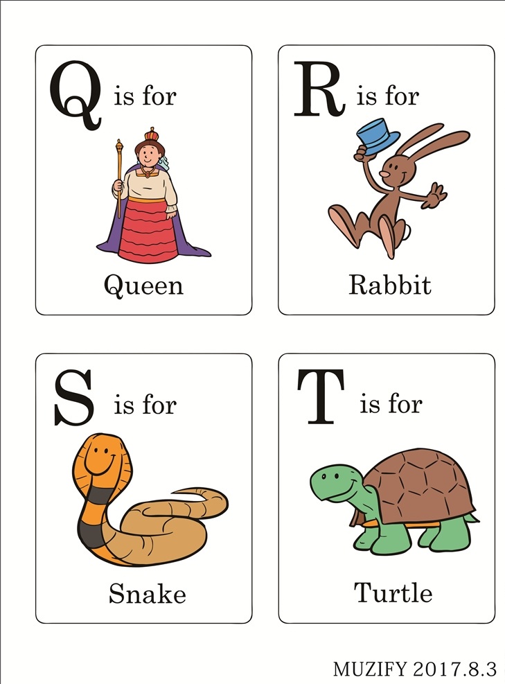q r s t 字母学习卡 女王 兔子 蛇 乌龟 卡通图案 文化艺术 绘画书法