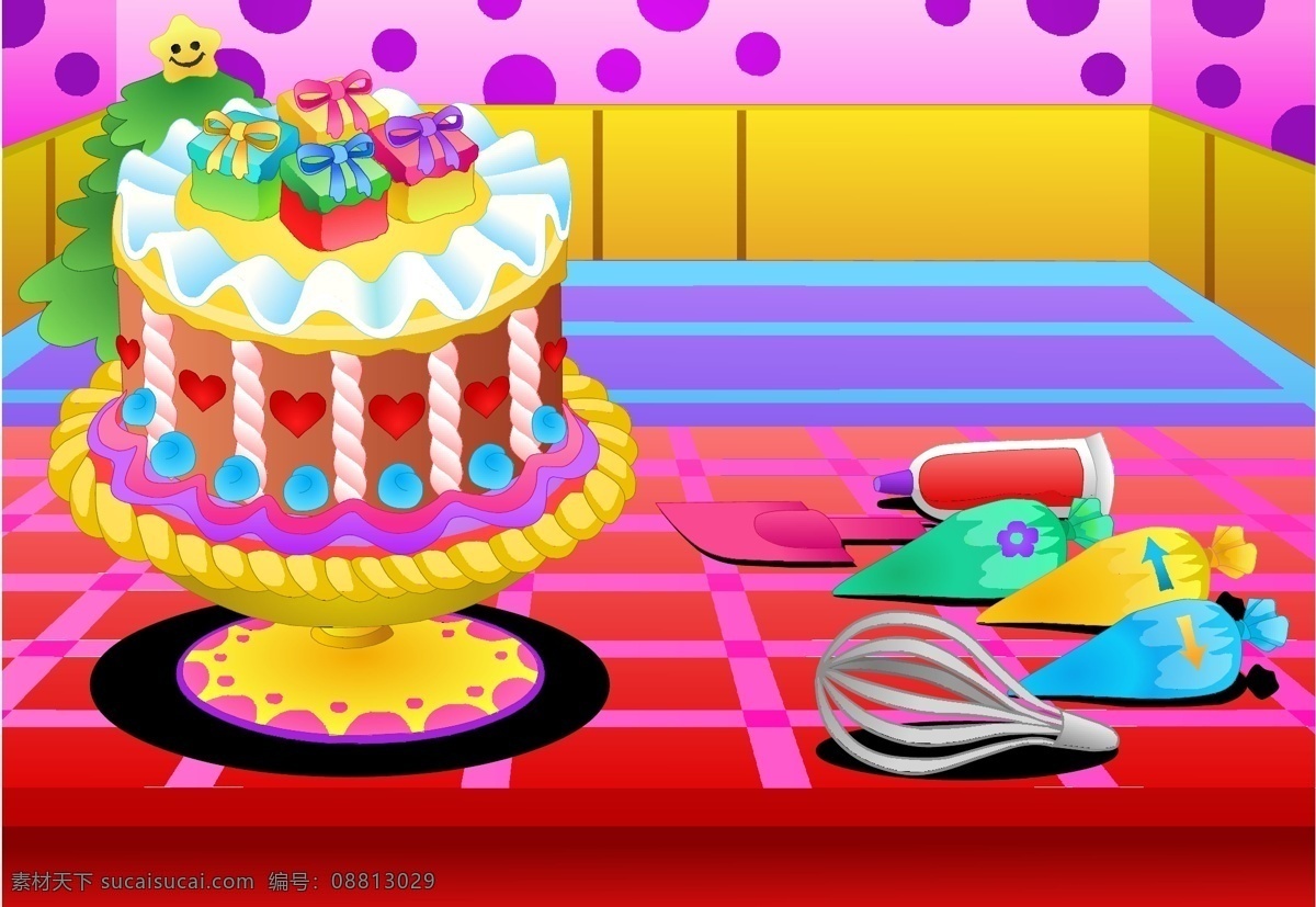 蛋糕 爱心 蛋糕模板下载 蛋糕矢量素材 卡通设计 帘子 奶油 矢量卡通 桌子 水果 矢量