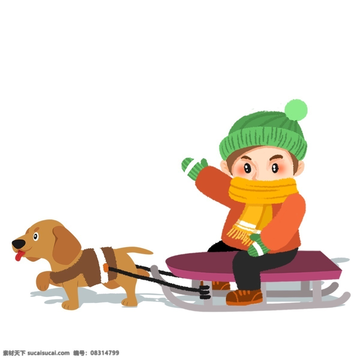 卡通 手绘 玩 雪橇 小狗 小 男孩 插画 滑雪 狗狗 运动 狗拉雪橇
