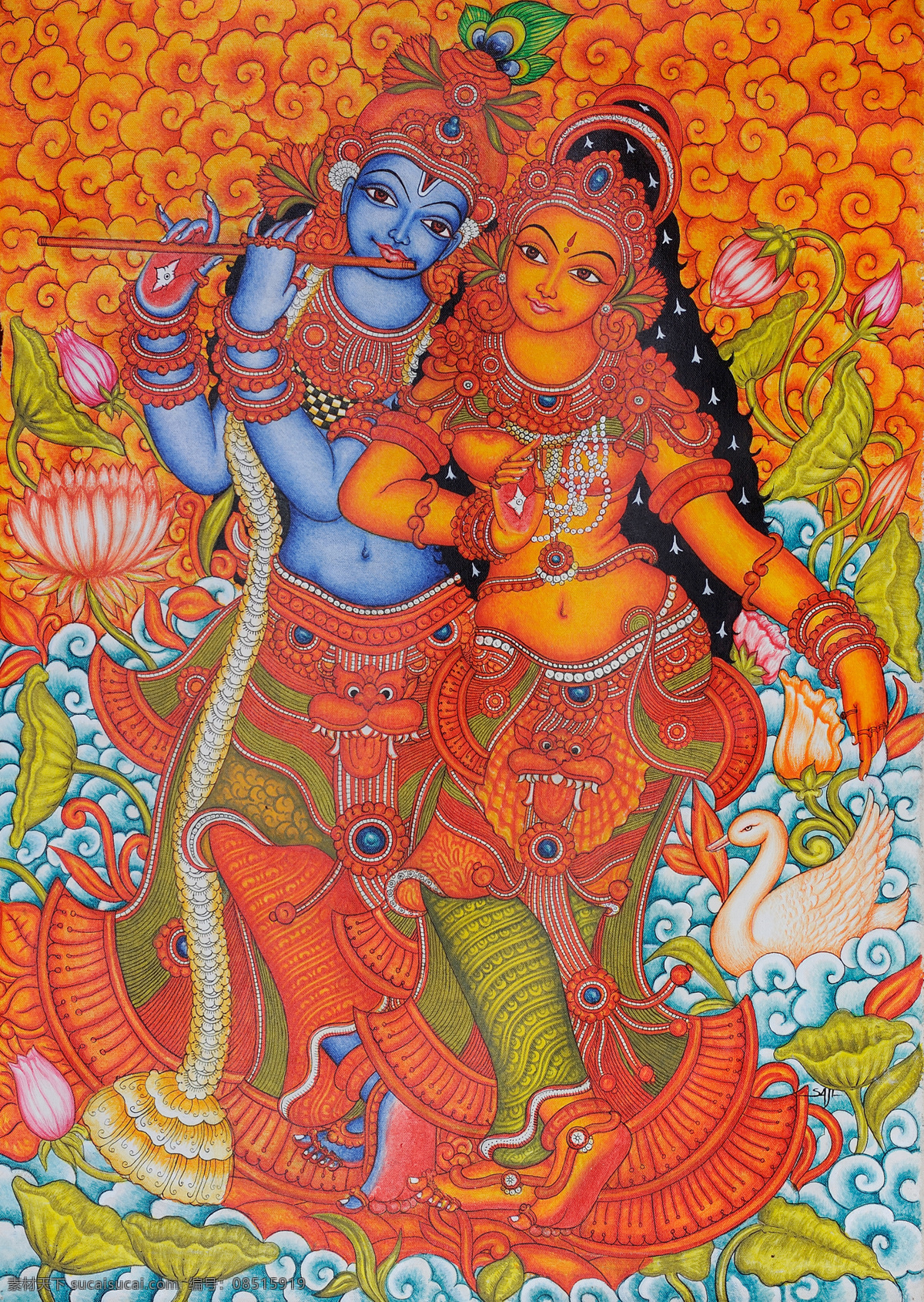 印度人物形象 人物 吹笛子 王子和公主 天鹅 莲花池 宗教信仰 宗教 文化艺术 传统文化