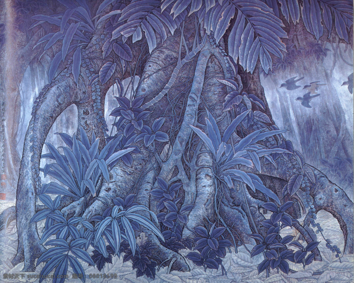 雨林晨曲 美术 中国画 工笔画 森林 树木 飞鸟 植物 金鸿钧国画 金鸿钧 作品 绘画书法 文化艺术