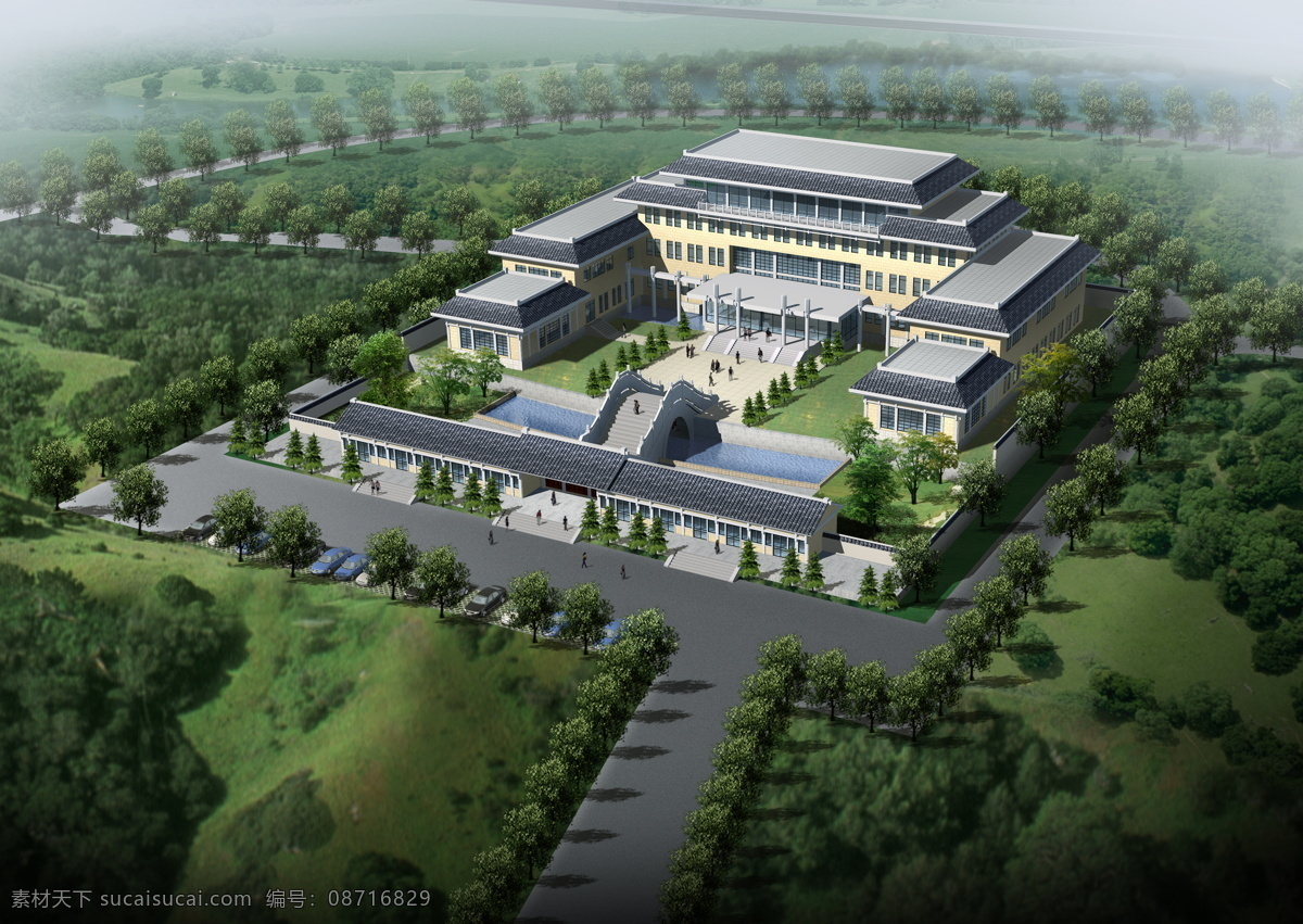 仿古 海阳 凤凰台 鸟瞰 古建筑 古典 中式 石桥 流水 公路 绿树 传统风格 效果图 建筑设计 环境设计