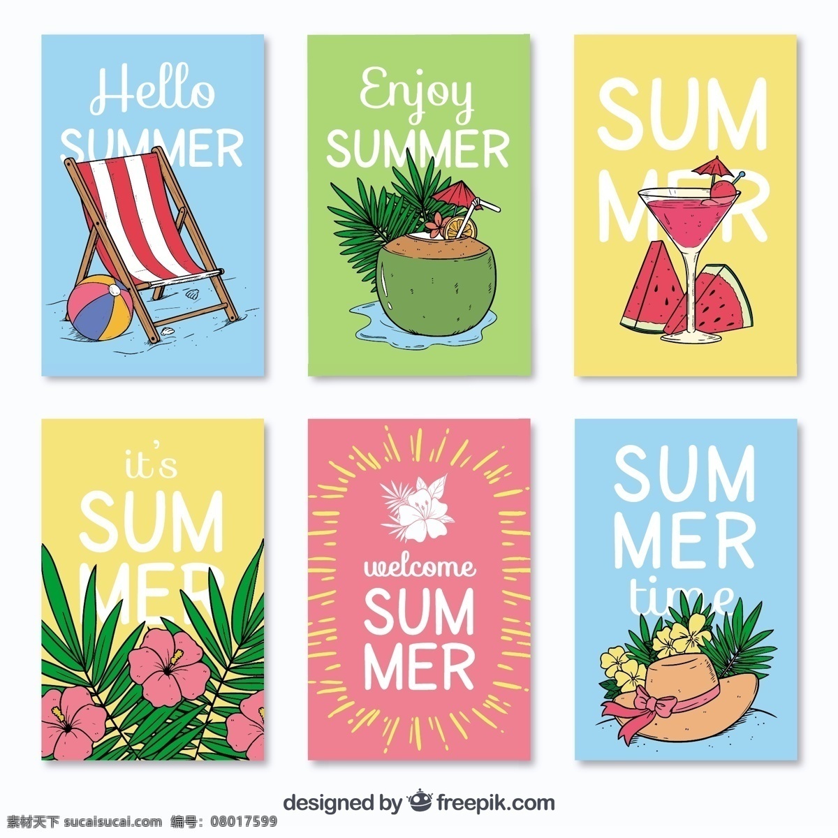 夏季 手绘 卡片 种类 花 一方面 夏天 模板 水果 颜色 饮料 假日 帽子 鸡尾酒 椅子 卡 装饰 度假 季节