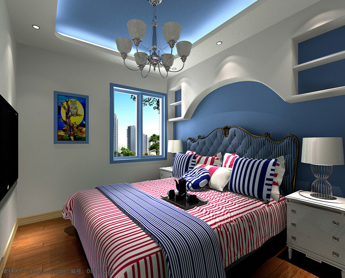 蓝色 儿童 卧室 高档 欧式 室内 家居装饰素材 室内设计