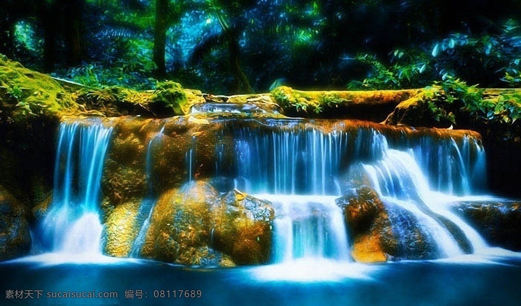 梦幻森林 梦幻 瀑布 森林 树林 唯美 小溪 夜晚 树木 仙境 河流 水 波光 夜色 自然 风景漫画 动漫动画