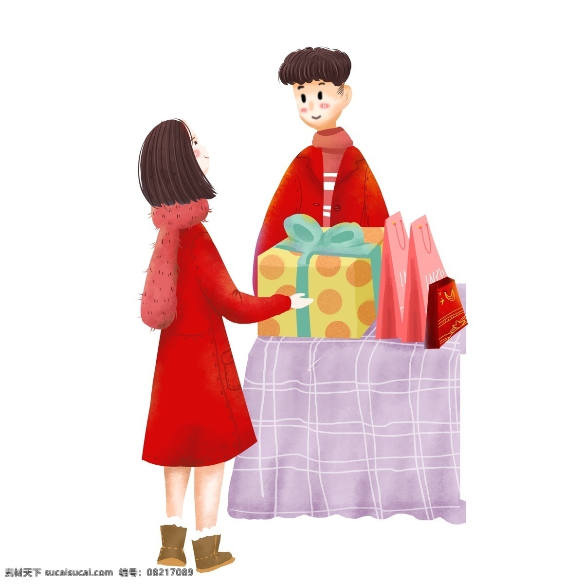 买 年货 的卡 通 人物 图案 元素 礼物 卡通人物 情侣 喜庆 新年 手绘 元素装饰 简约 创意元素 手绘元素 psd元素