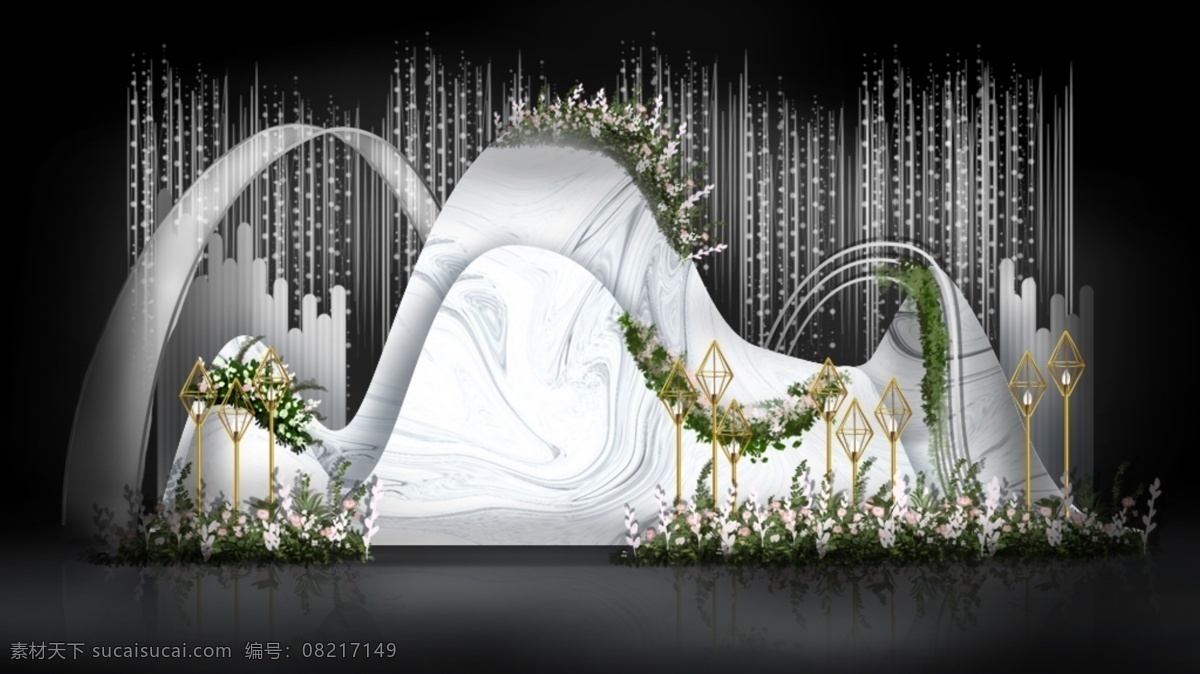 白 绿 轻 奢 造型 大理石 婚礼 效果图 白绿色 花艺 铁艺 钻石灯 婚礼效果图