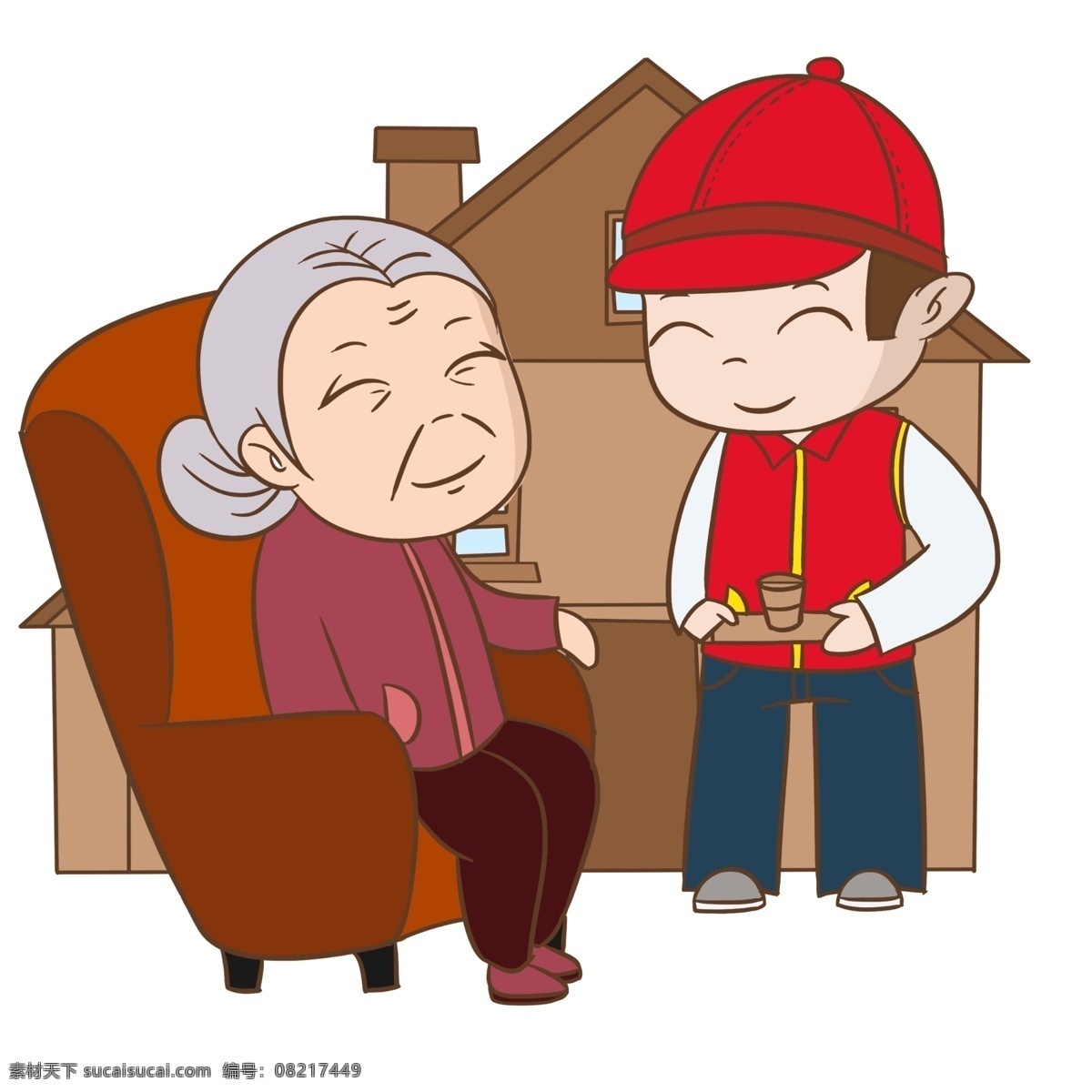 爱心 志愿者 手绘 插画 爱心志愿者 慈祥的老奶奶 红色的椅子 卡通房屋 手绘志愿者 卡通