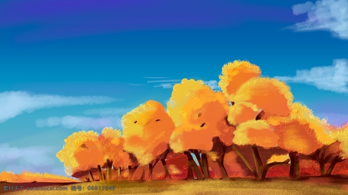 秋高气爽 立秋 节气 原创 手绘 海报 秋天 插画 蓝天 清新 节日 树木 干净 绘画