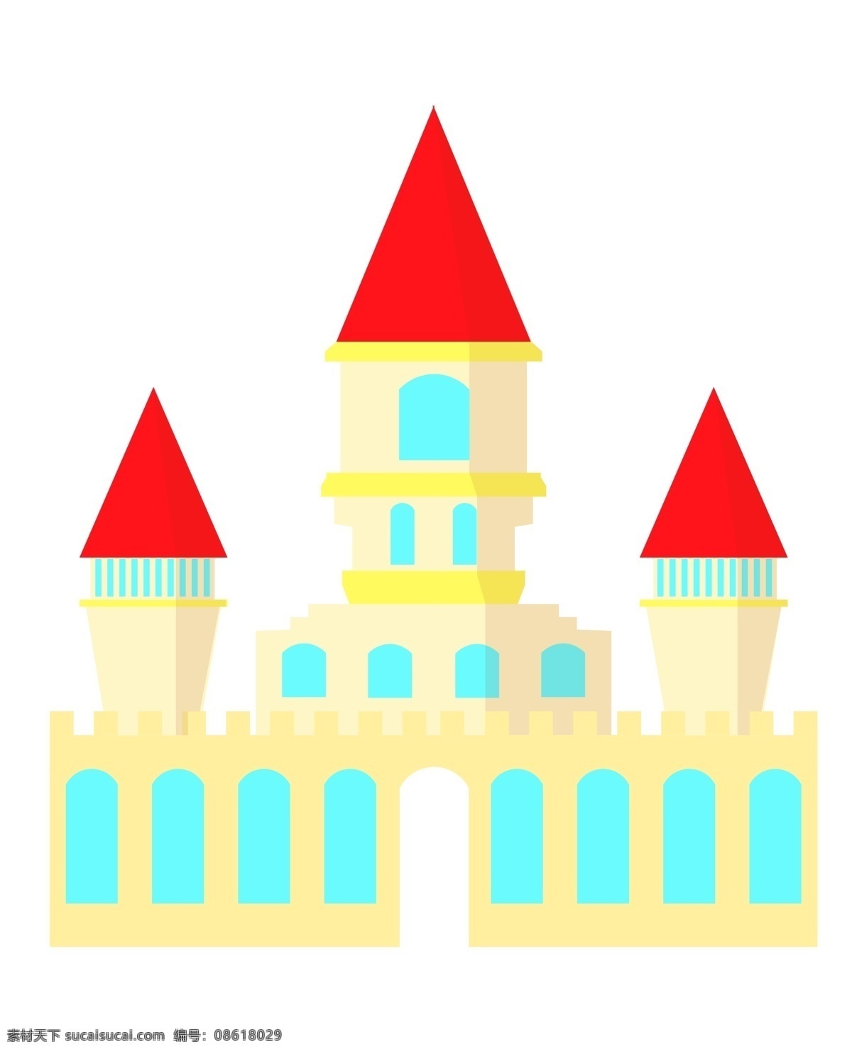浅黄色 城堡 建筑 插画 浅黄色城堡 红色的屋顶 可爱的城堡 漂亮的城堡 城堡建筑 卡通城堡插画